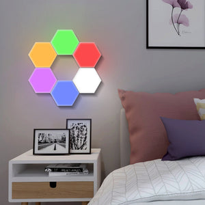 Multi color touch light arrange over bed room nightstand in multicolors green orange purple blue yellow white red black and white pictures on ice down daytime