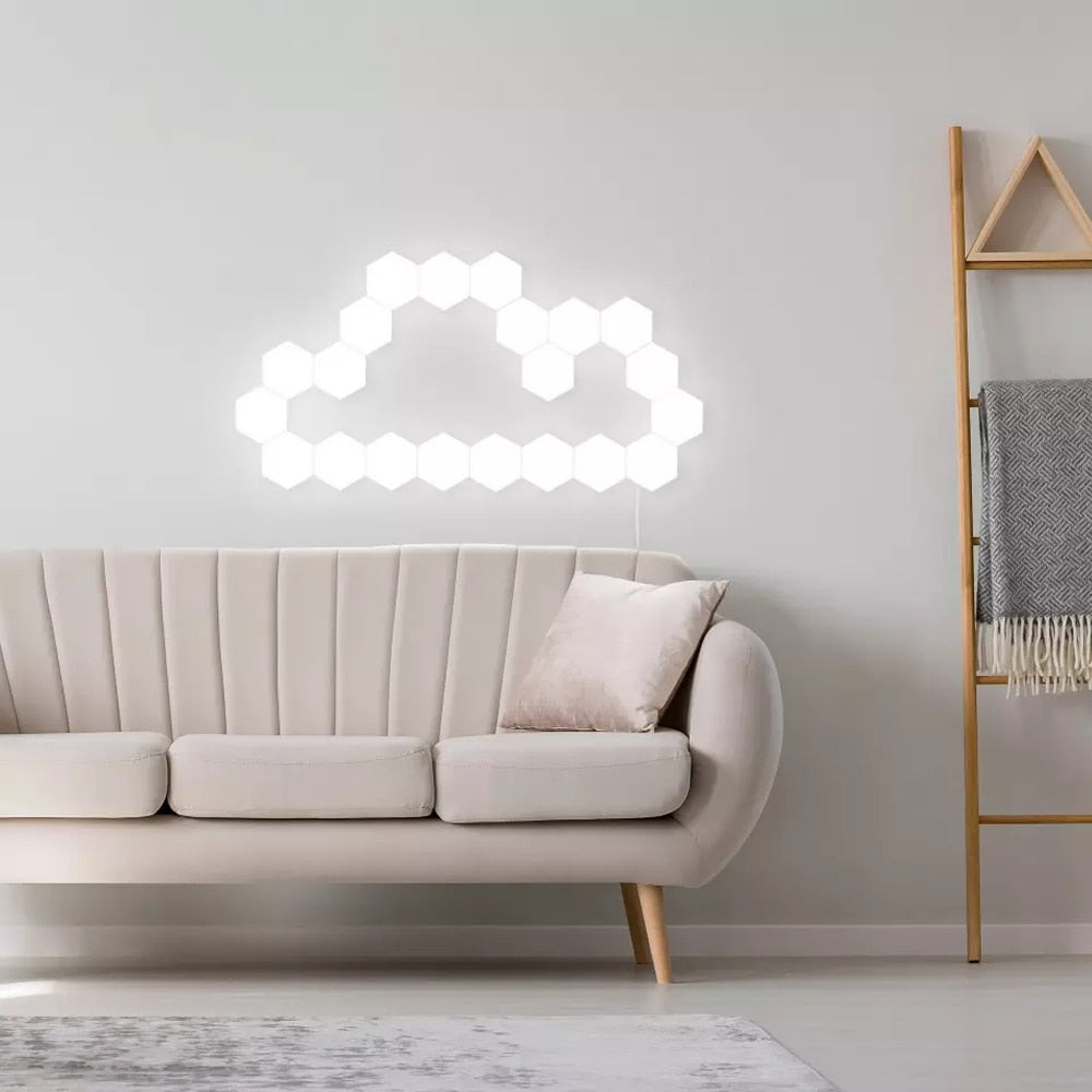 Quantum Led Touch Light Over a couch in the living room shaped as a cloud 