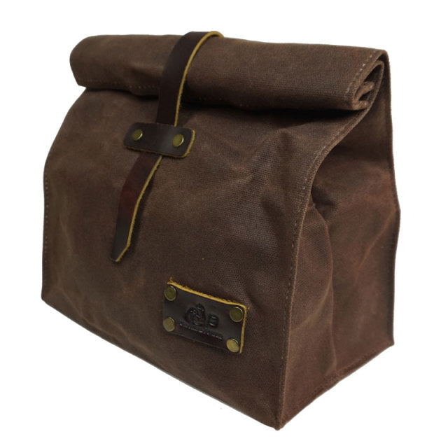 Eon earth Waxed Canvas Leather Lunch Bag coffee colored closed front view