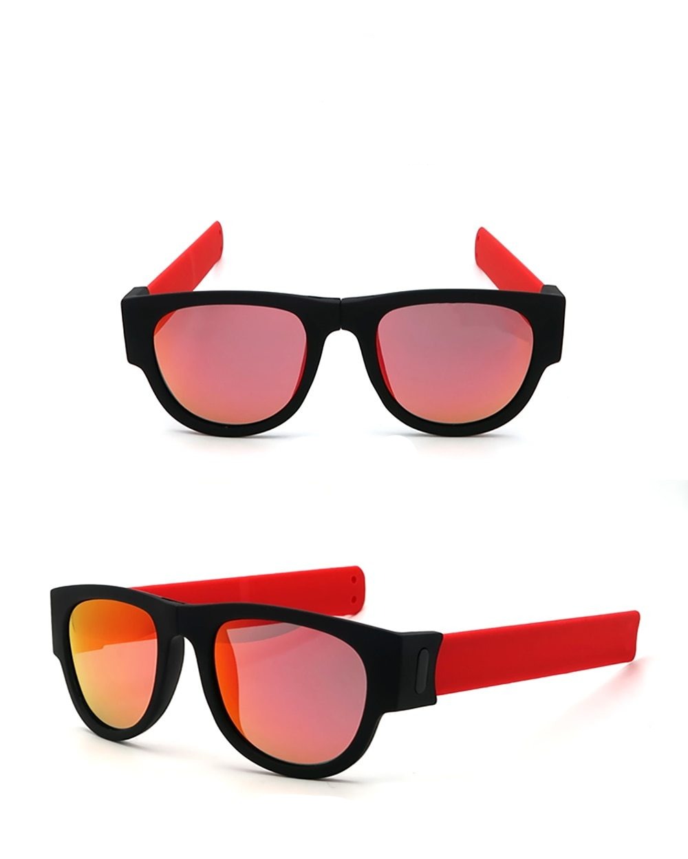 Front and side view Foldable Wristband Shades orange Polaroid lens red side arms