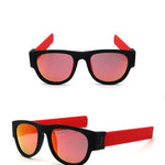 Front and side view Foldable Wristband Shades orange Polaroid lens red side arms