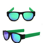 Front and side view Foldable Wristband Shades blue Polaroid lens green side arms