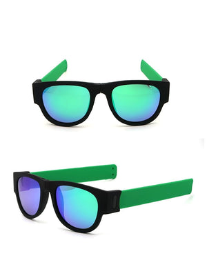Front and side view Foldable Wristband Shades blue Polaroid lens green side arms