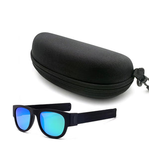Foldable Wristband Sunglasses blue Polaroid lens black frames and black plastic snap arms black hard sunglasses case with zipper