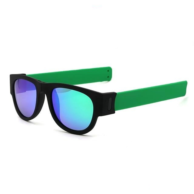 Front side view Foldable Wristband Shades blue Polaroid  lens green side arms