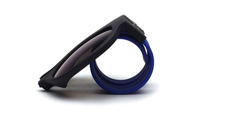 Curled close Foldable Wristband Shades black tinted Polaroid lens blue side arms