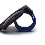 Curled close Foldable Wristband Shades black tinted Polaroid lens blue side arms