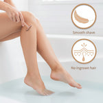 Person shaving legs with a razor, showing smooth shave and no ingrown hair benefits.