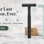 Two razors on a bathroom counter with promotional text about sustainability.