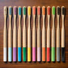 A row of bamboo toothbrush in multiple brush heads.