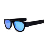 Front side view Foldable Wristband Shades blue Polaroid lens black side arms